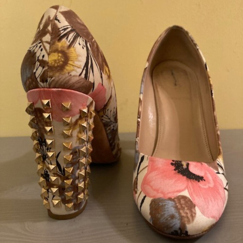 J. Crew Floral Studded Block Heel Pumps in Cream, Pink, Yellow, Brown